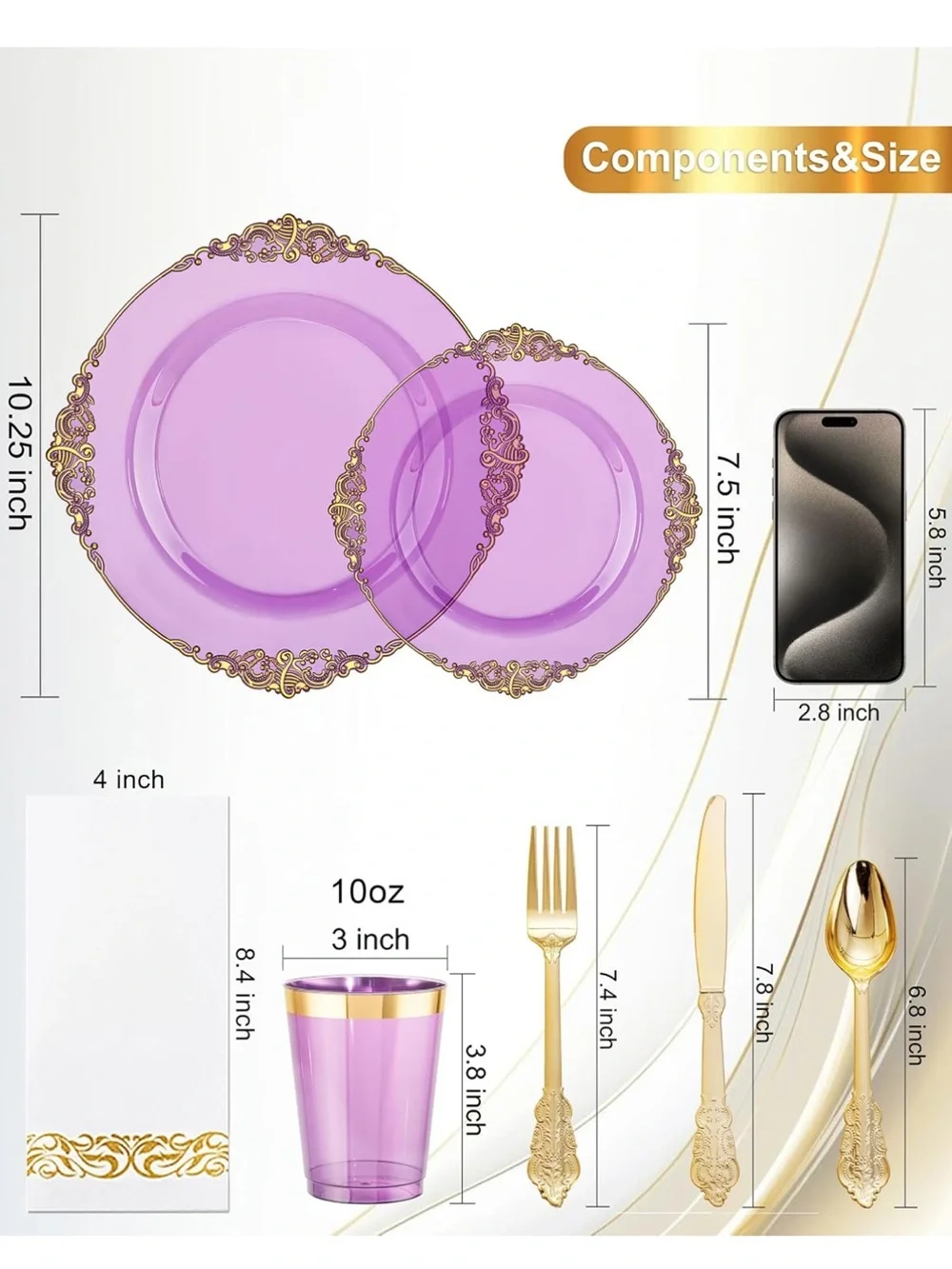 Elegant Purple and Gold Disposable Party Dinnerware Set 175PCS